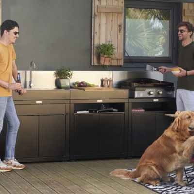 Cuisine extérieure 3 éléments avec crédences inox, acier époxy noir, Le Marquier