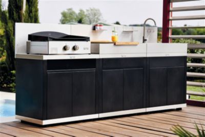 Cuisine extérieure 3 éléments avec crédences inox, acier époxy noir, Le Marquier
