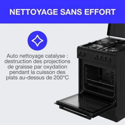 Cuisiniere mixte CONTINENTAL EDISON CECM60FCB - 3 feux gaz + 1 électrique - L59,8 x P61 xH83 cm - Noir