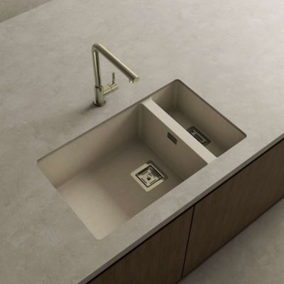 Cuve sous plan POALGI, ZIE 183, Granit, Beige Pumice, 75 cm, 2 bacs bonde or