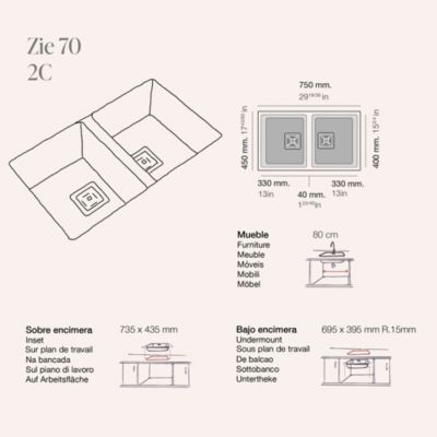 Cuve sous plan POALGI, ZIE 184, Granit, Beige Pumice, 75 cm, 2 bacs