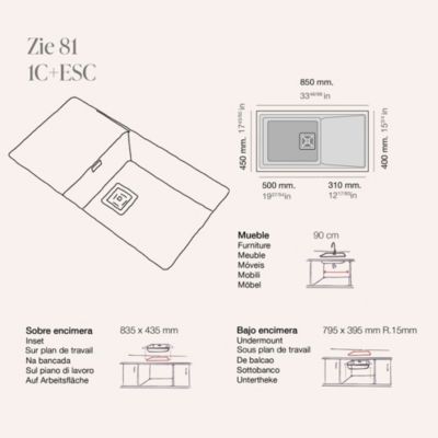 Cuve sous plan POALGI, ZIE 185, Granit, Blanc Snow, 85 cm, 1 bac et 1 égouttoir bonde or