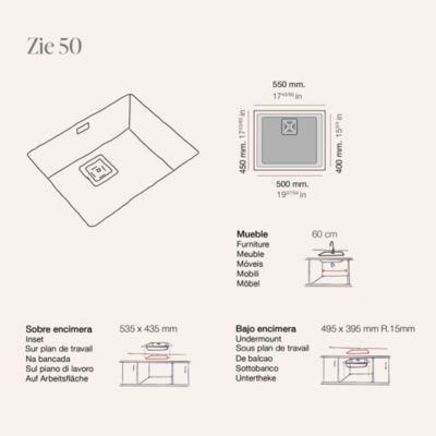 Cuve sous plan POALGI, ZIE 186, Granit, Beige Pumice, 55 cm, 1 bac bonde or