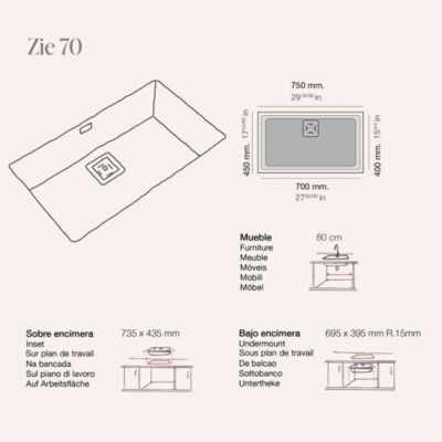 Cuve sous plan POALGI, ZIE 187, Granit, Beige Pumice, 75 cm, 1 bac bonde or