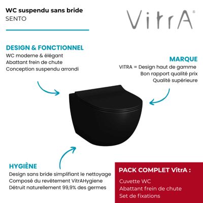 Cuvette suspendue sans bride VitrA Sento noir mat + abattant frein de chute déclipsable