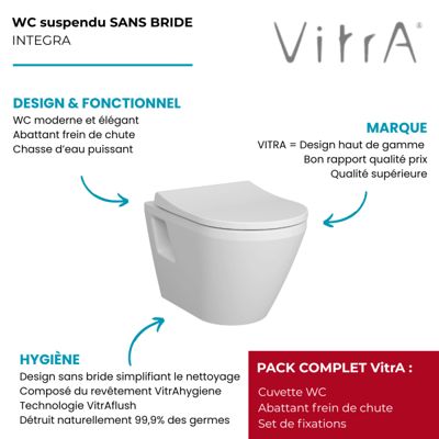 Cuvette WC suspendu sans bride VitrA Integra blanc avec abattant frein de chute