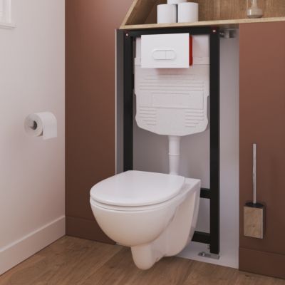 Cuvette WC suspendue compacte sans bord avec abattant et frein de chute, sortie horizontale, blanc, GoodHome Tasi