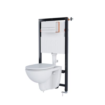 Cuvette WC suspendue compacte sans bord avec abattant et frein de chute, sortie horizontale, blanc, GoodHome Tasi