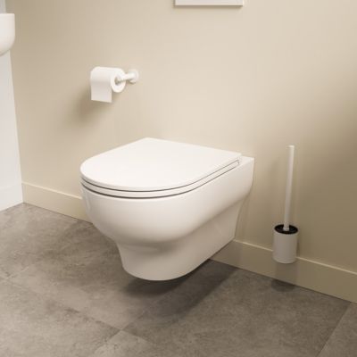 Cuvette WC suspendue sans bride avec abattant déclipsable et frein de chute, sortie horizontale, blanc, effet Vortex, GoodHome Cavally