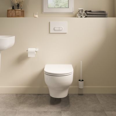 Cuvette WC suspendue sans bride avec abattant déclipsable et frein de chute, sortie horizontale, blanc, effet Vortex, GoodHome Cavally