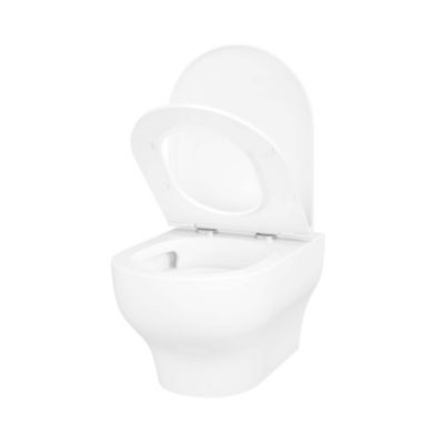 Cuvette WC suspendue sans bride avec abattant déclipsable et frein de chute, sortie horizontale, blanc, effet Vortex, GoodHome Cavally