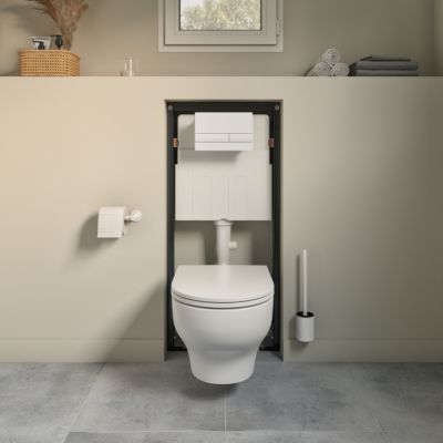 Cuvette WC suspendue sans bride avec abattant déclipsable et frein de chute, sortie horizontale, blanc, effet Vortex, GoodHome Cavally