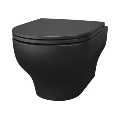 Cuvette WC suspendue sans bride avec abattant déclipsable et frein de chute, sortie horizontale, noir, effet Vortex, GoodHome Cavally