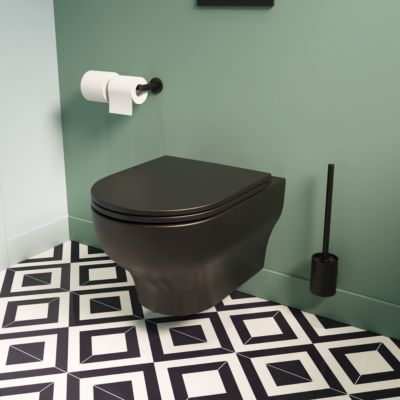 Cuvette WC suspendue sans bride avec abattant déclipsable et frein de chute, sortie horizontale, noir, effet Vortex, GoodHome Cavally