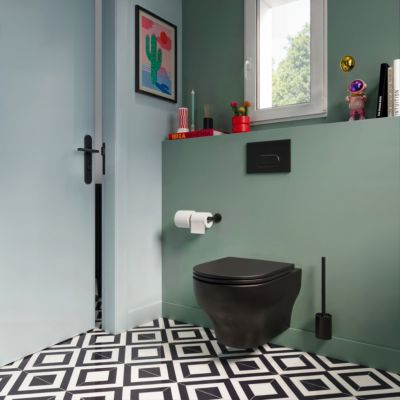 Cuvette WC suspendue sans bride avec abattant déclipsable et frein de chute, sortie horizontale, noir, effet Vortex, GoodHome Cavally