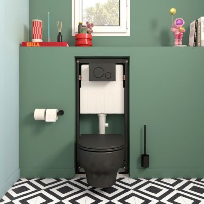Cuvette WC suspendue sans bride avec abattant déclipsable et frein de chute, sortie horizontale, noir, effet Vortex, GoodHome Cavally