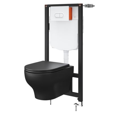 Cuvette WC suspendue sans bride avec abattant déclipsable et frein de chute, sortie horizontale, noir, effet Vortex, GoodHome Cavally