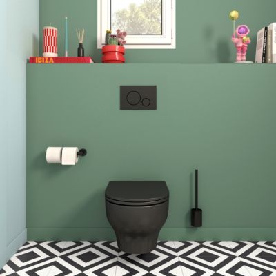 Cuvette WC suspendue sans bride avec abattant déclipsable et frein de chute, sortie horizontale, noir, effet Vortex, GoodHome Cavally
