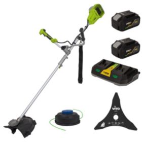 Débroussailleuse et Coupe bordure 40V 2 Batteries Lithium 4Ah + Chargeur Double Lame 3 dents Bobine de fil nylon et Harnais VITO
