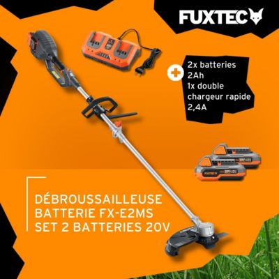 Débroussailleuse sans fil FUXTEC FX-E2MS 2 batteries 20V 2Ah double chargeur 2,4A inclus Fil et lame Largeur 25,5 35cm