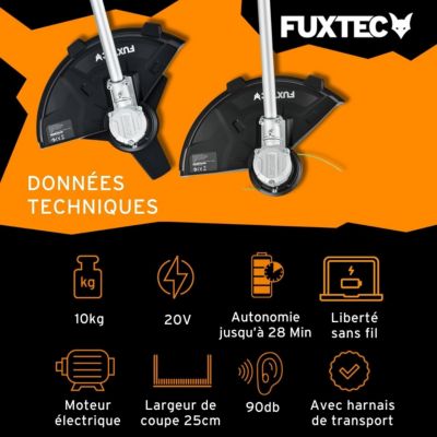 Débroussailleuse sans fil FUXTEC FX-E2MS 2 batteries 20V 2Ah double chargeur 2,4A inclus Fil et lame Largeur 25,5 35cm