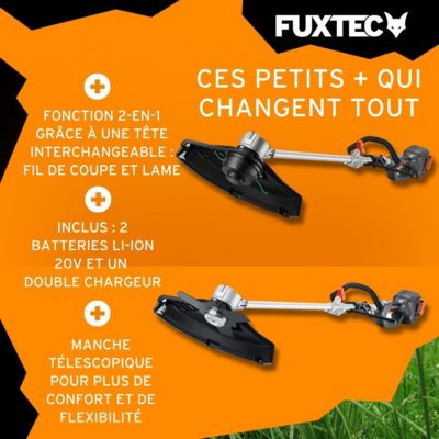 Débroussailleuse sans fil FUXTEC FX-E2MS 2 batteries 20V 2Ah double chargeur 2,4A inclus Fil et lame Largeur 25,5 35cm