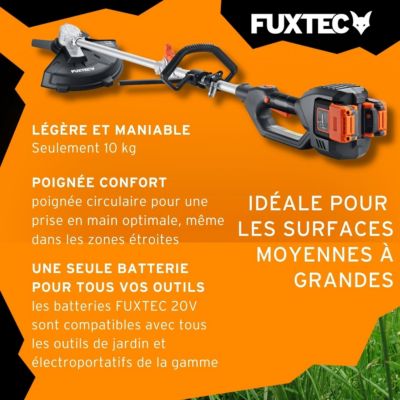 Débroussailleuse sans fil FUXTEC FX-E2MS 2 batteries 20V 2Ah double chargeur 2,4A inclus Fil et lame Largeur 25,5 35cm