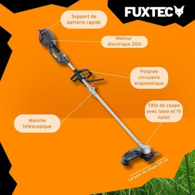 Débroussailleuse sans fil FUXTEC FX-E2MS 2 batteries 20V 2Ah double chargeur 2,4A inclus Fil et lame Largeur 25,5 35cm