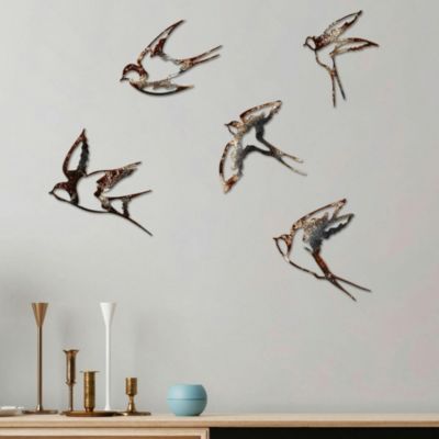 Décoration murale oiseaux en métal mordoré (lot de 5)