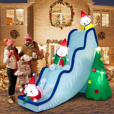 Décoration Noël Extérieur Gonflable Toboggan avec 3 Mignons Ours Polaires Toboggan Gonflable de Noël pour Enfants