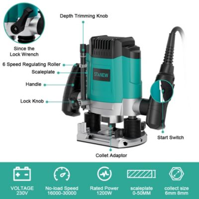 Défonceuse électrique 1200 W, 6 vitesses réglables, fournie avec sac de rangement