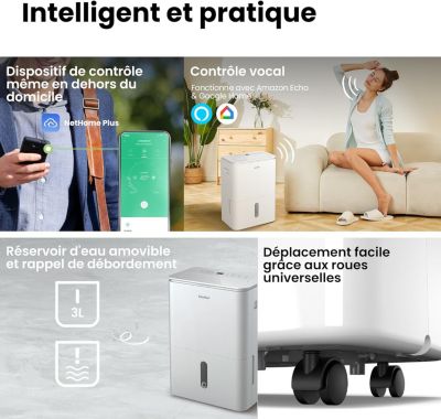 Déshumidificateur 2EN1,Elimine l'humidité jusqu'à 20LJour, Purification d'air avec ioniseur, 4 Modes, Fonction Air Swing