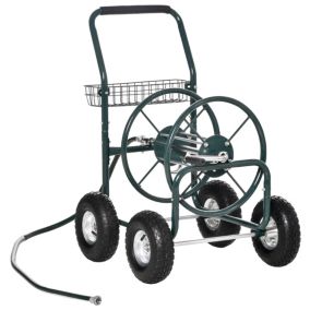 Dévidoir chariot sur roues - 70 m - enrouleur tuyau d'arrosage - poignée antidérapante, panier rangement - métal vert