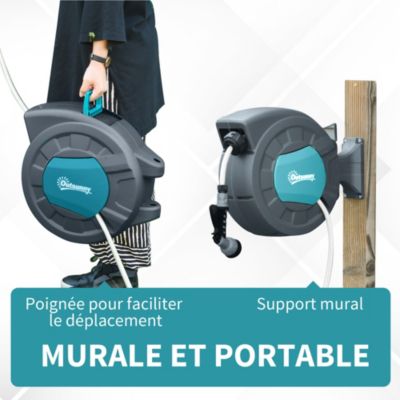 Dévidoir mural enrouleur automatique pivotant tuyau 15 + 1,4 m avec lance arrosage support mural intégré turquoise gris