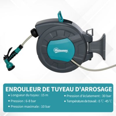 Dévidoir mural enrouleur automatique pivotant tuyau 15 + 1,4 m avec lance arrosage support mural intégré turquoise gris