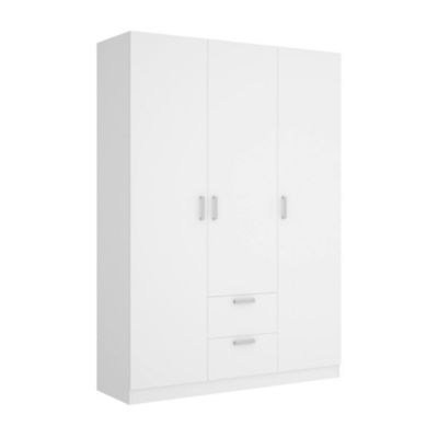 Dacca Armoire, Cintre pour chambre à coucher, Armoire avec 3 portes battantes et 2 tiroirs, 150x52h215 cm, Blanc