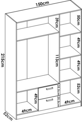 Dacca Armoire, Cintre pour chambre à coucher, Armoire avec 3 portes battantes et 2 tiroirs, 150x52h215 cm, Blanc