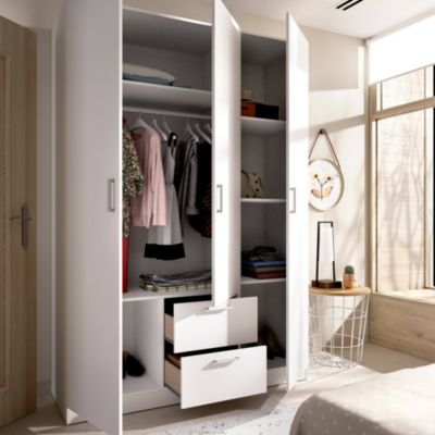 Dacca Armoire, Cintre pour chambre à coucher, Armoire avec 3 portes battantes et 2 tiroirs, 150x52h215 cm, Blanc