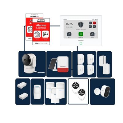 Daewoo - Alarme maison sans fil avec écran tactile 7'' AM352 - 1 caméra extérieure autonome et 1 intérieure et 15 accessoires - Sa