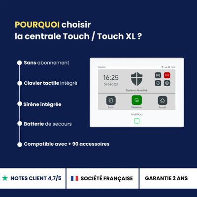 Daewoo - Alarme Maison WiFi + GSM Sans Fil Touch AM343 - Sans Abonnement - Kit Complet avec Caméras Full HD Intérieure/Extérieure
