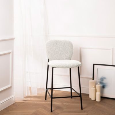 DALBY - Lot de 2 tabourets de bar en tissu bouclette et métal H65cm - Écru