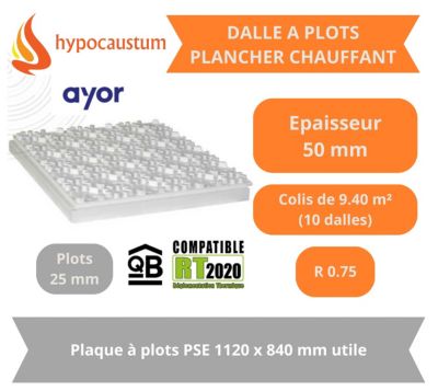 Dalle à plots pour Plancher chauffant 1120x840 mm Epaisseur 50 mm (25 isolant + 25 plots) R0.75 Paquet de 9.40 m²