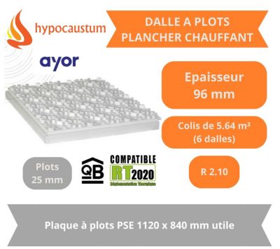 Dalle à plots pour Plancher chauffant 1120x840 mm Epaisseur 96 mm (71 isolant + 25 plots) R2.10 Paquet de 5.64 m²