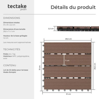 Dalles de terrasse Lot de 22 pièces avec système de clic marron