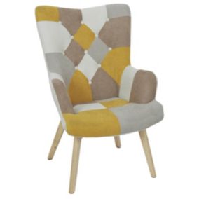 DAMAS - Fauteuil Motif Patchwork Jaune Taupe et Gris