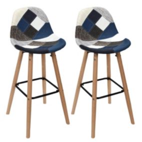 DAMAS - Lot de 2 Tabourets Patchwork Bleu et Gris