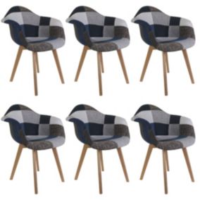 DAMAS - Lot de 6 Fauteuils Patchwork Bleu et Gris