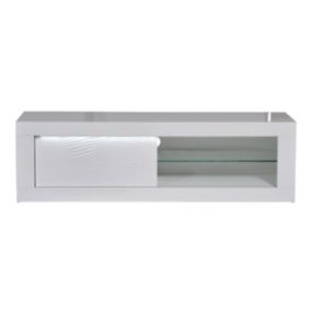 DAYTON WHITE - Meuble TV Laqué Blanc Porte Coulissante et Leds