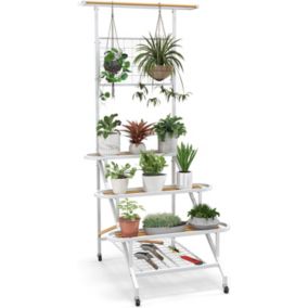 de Plante à Étages Multiples Étagère Grillagée en Métal 3 Niveaux Étagère avec Treillis avec Roulettes