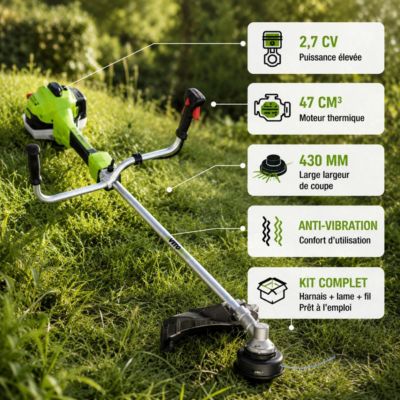 Debroussailleuse thermique 47Cm3 Moteur 2T 2.7CV + Bobine  avec fil + lame 3 dents + Harnais VITO